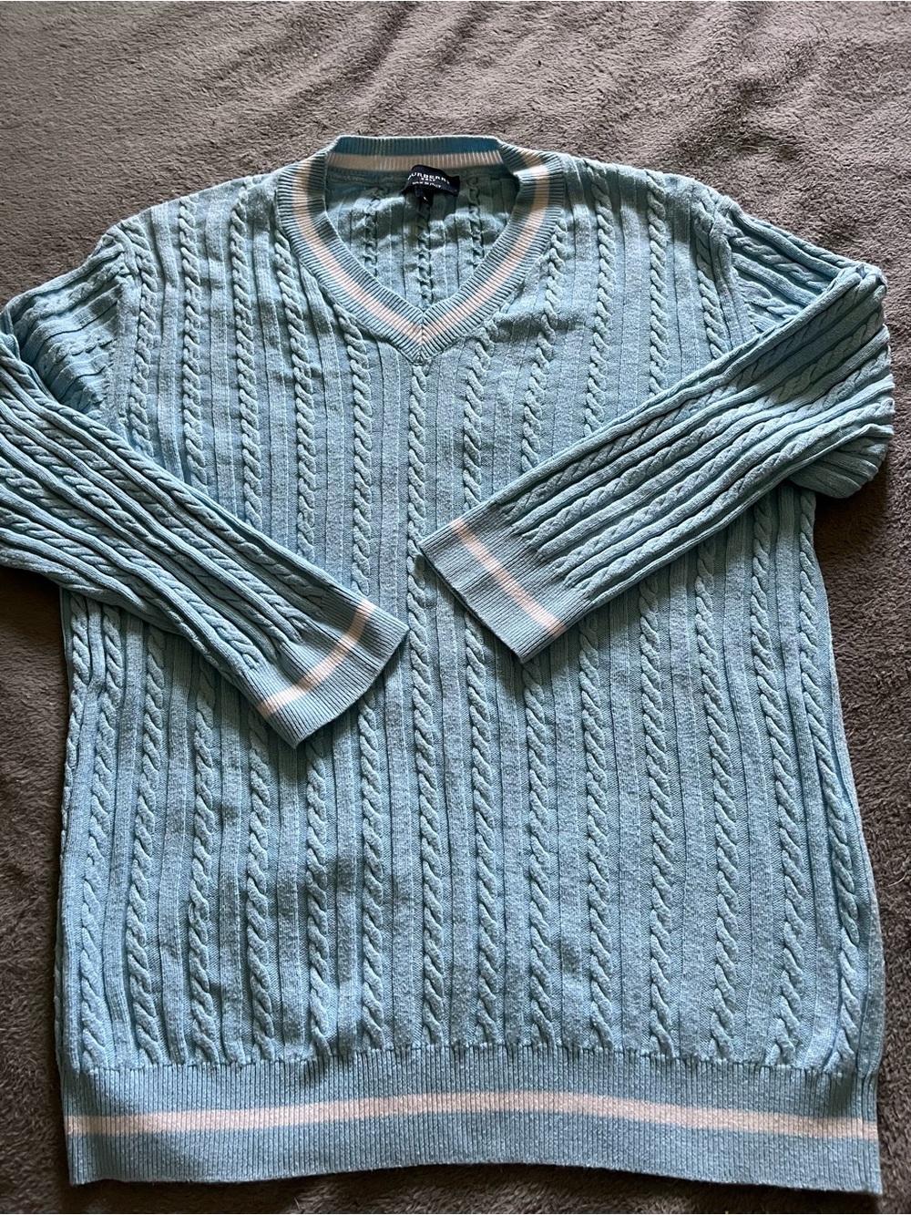 Burberry Light Blue Cable Knit V-Neck Sweater with White Trim